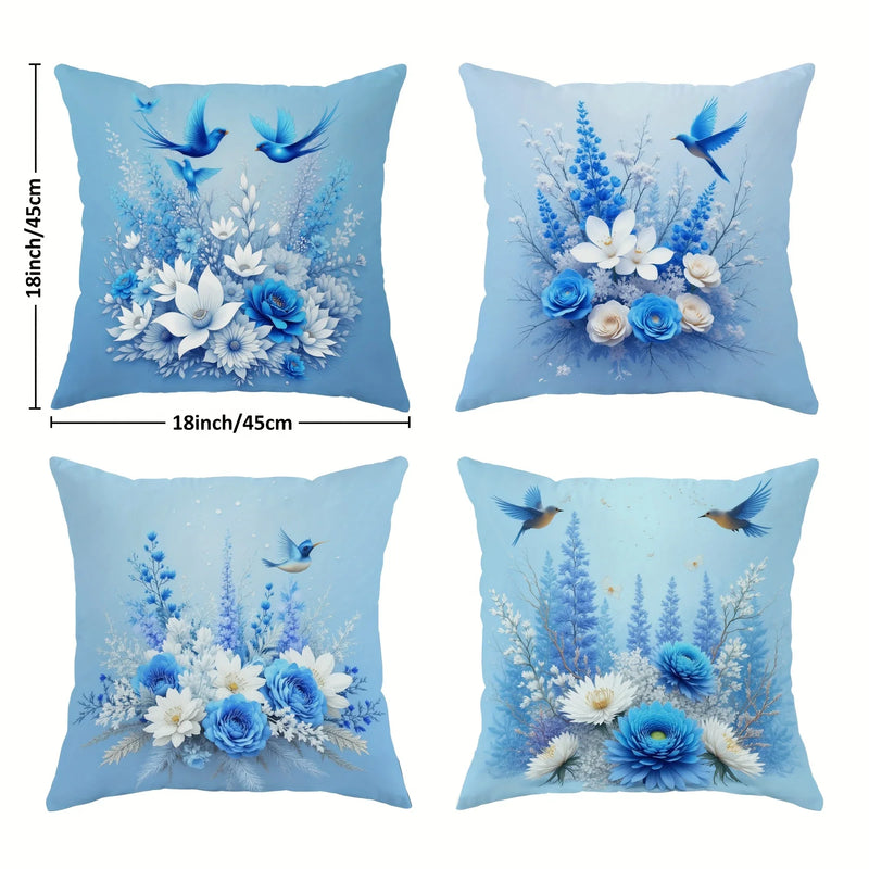 Blue Floral Bird Pillow Covers - Sky Blue Cushion Cases by Axyaa