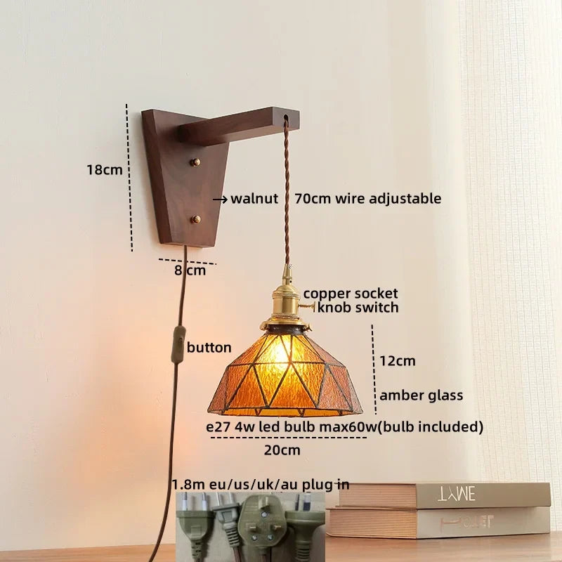 Axyaa Walnut Glass Pull Chain LED Wall Light Fixture for Home Decor