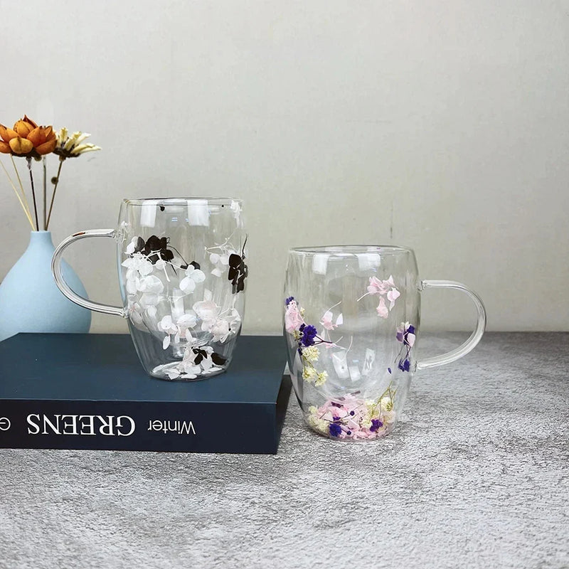 Axya 350ml Double Wall Glass Cup with Artificial Flower Filler.