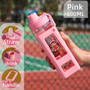 Axyaa Square Plastic Water Bottle with Straw, Leak Proof Sports Cup, 600ML Large Capacity