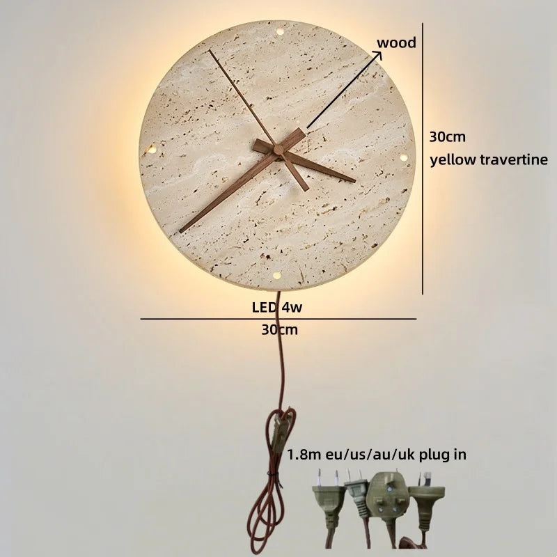 Axyaa Stone Clock LED Wall Light Yellow Travertine Wooden Pointer for Living Room