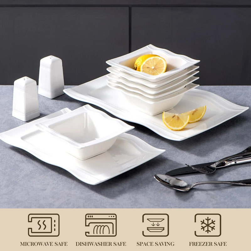 Axya™ 28-Piece White Porcelain Dinnerware Set - Square Plates, Bowls, Salt Pepper Pot