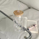 Axyaa Bowknot Glass Cup Set: 500ml Can Shape, Bamboo Lid, Straw - Perfect for Drinks