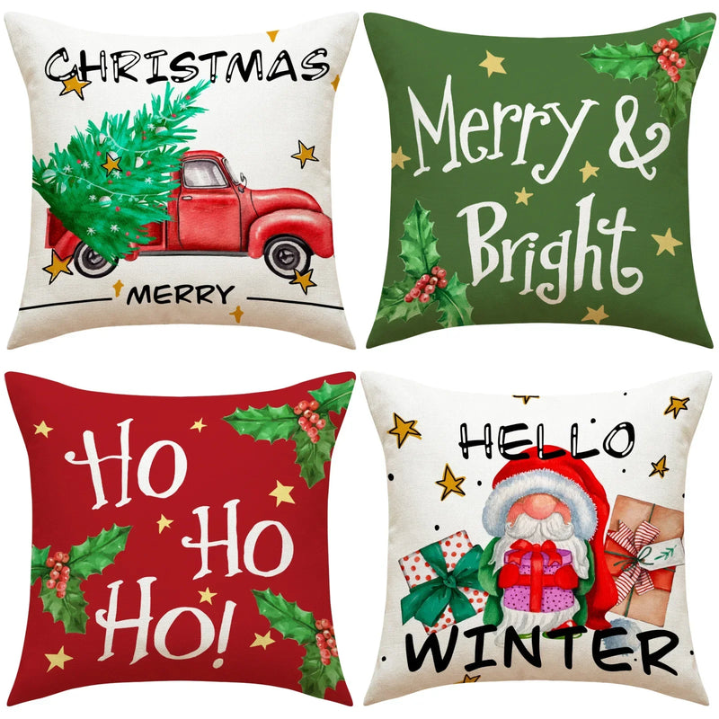 Axyaa Christmas Cushion Covers: Green Red Plaid Merry Christmas Pillowcase 45x45CM