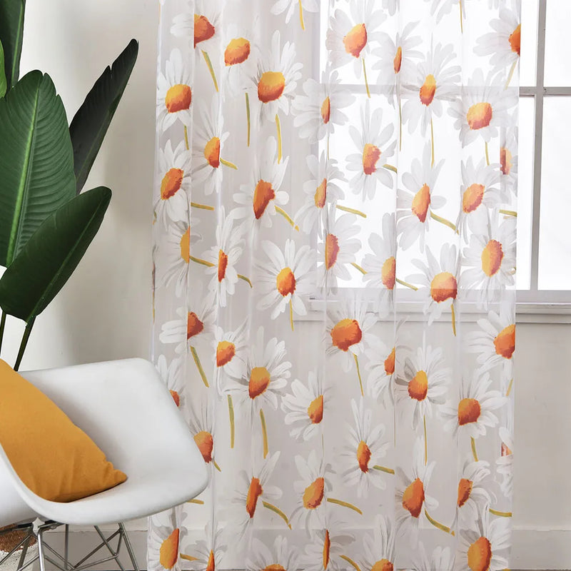 Axyaa White Daisy Sheer Window Curtain Drape for Living Room Floral Home Decor