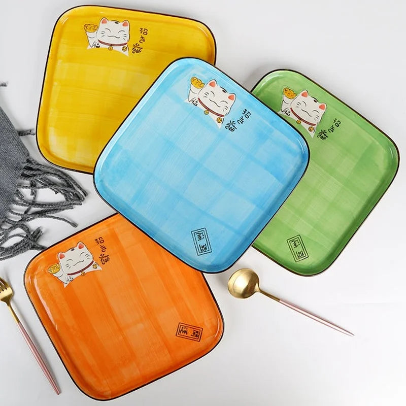 Axya Lucky Cat Ceramic Square Plate - 10.5-inch Western Food Dish