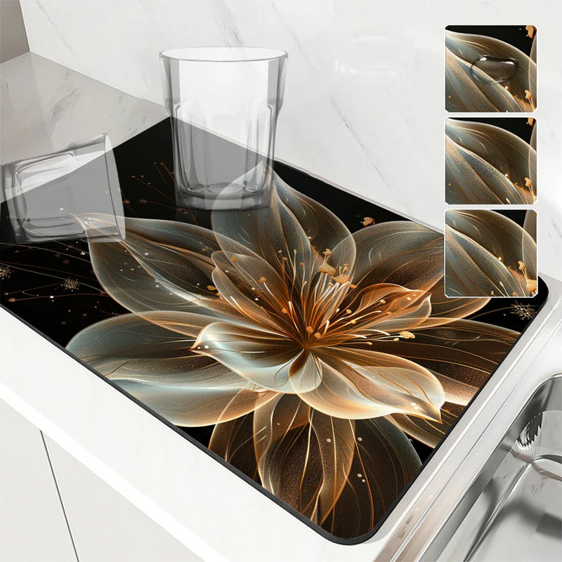 Floral Lines Translucent Flowers Non-Slip Drying Mat for Kitchen Counter by Axyaa