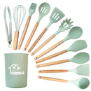 Axyaa 12PCS Silicone Kitchen Utensils Set with Wooden Handle - Non-Stick Cookware & Egg Beaters