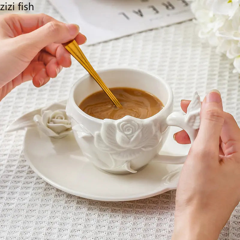 Axya Rose Relief Ceramic Tea Set with Milk Cup and Dinner Plate