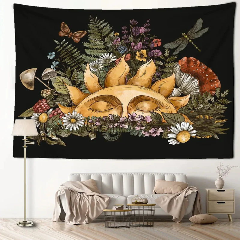 Axyaa Mushroom Skull Psychedelic Tapestry Sunshine Hippie Flowers Wall Tapestry