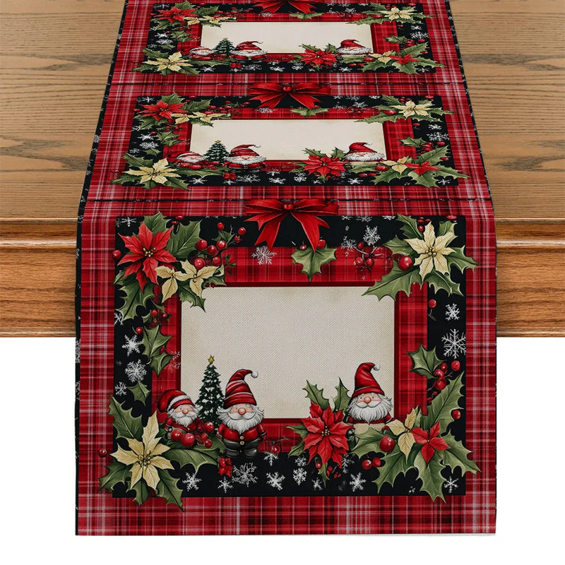 Axyaa Christmas Dwarf Gift Table Runner Holly Poinsettia Farmhouse Decor