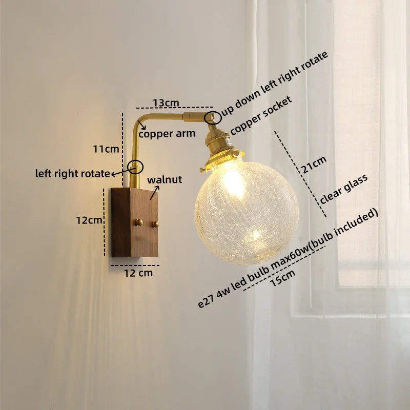 Axyaa Glass Copper LED Wall Lights Modern Bedside Lamp for Home Decor