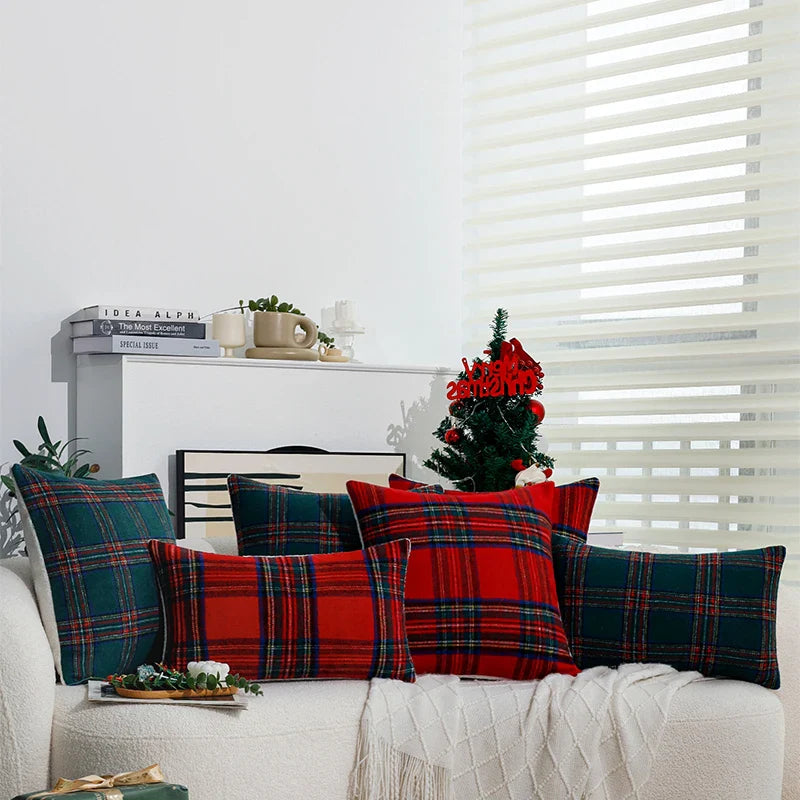 Axyaa Retro Red/Green Plaid Cushion Cover 30x50cm - Christmas Home Decoration