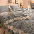 Axyaa Pink Grey Ruffled Seersucker Duvet Set with Bed Skirt & Pillowcases