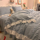 Axyaa Pink Grey Ruffled Seersucker Duvet Set with Bed Skirt & Pillowcases