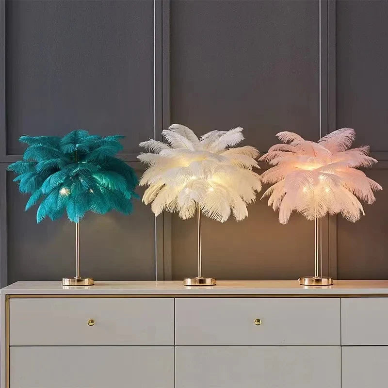 Axyaa Nordic Feather Table Lamp White Pink Ostrich Romantic Bedside Wedding Home Decor