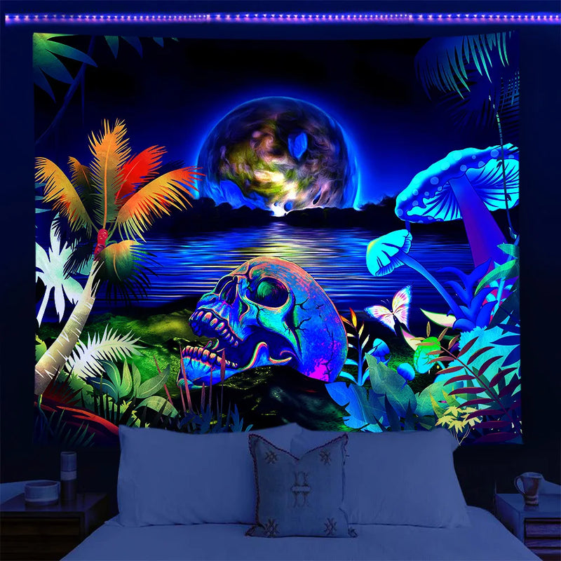 Axyaa UV Tapestry: Fluorescent Skull Wall Hanging Cloth for Bedroom - Psychedelic Art