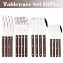Axyaa Stainless Steel Wooden Handle Cutlery Set - 16Pcs Flatware Steak Knife Fork Spoon