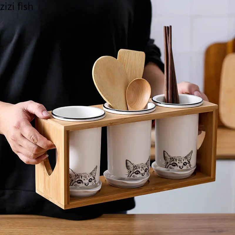 Axya Cat Ceramic Chopsticks Holder Set Kitchen Storage Organizer