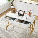 Axyaa 41" Gold Computer Desk 2 Drawers, Modern Writing Office Vanity Table
