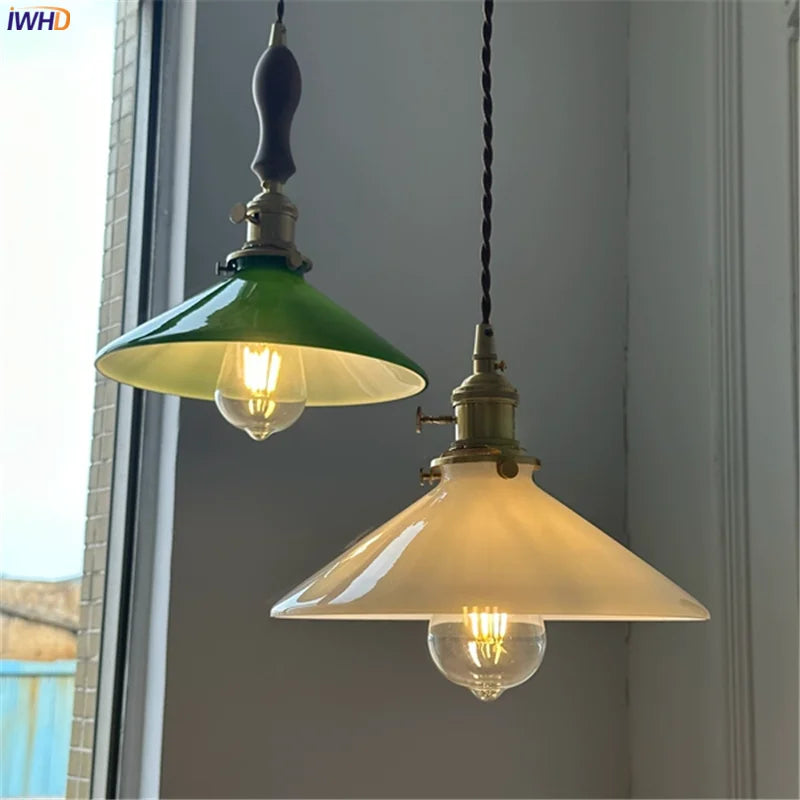 Axyaa White Green Glass LED Pendant Light with Copper Socket