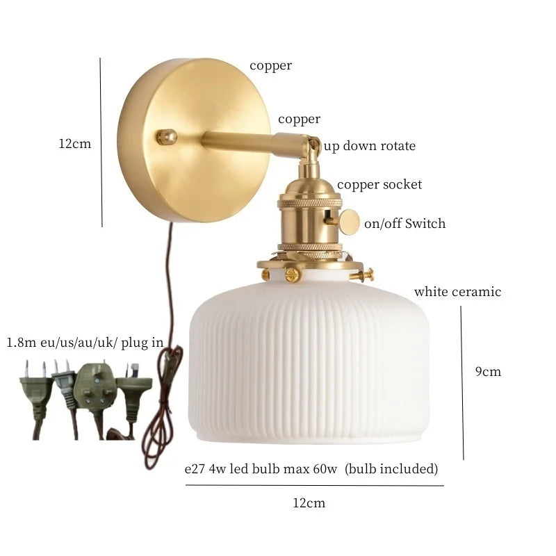 Axyaa White Ceramic LED Wall Sconce Lamp, Nordic Copper Minimalism for Living Room, Bedroom