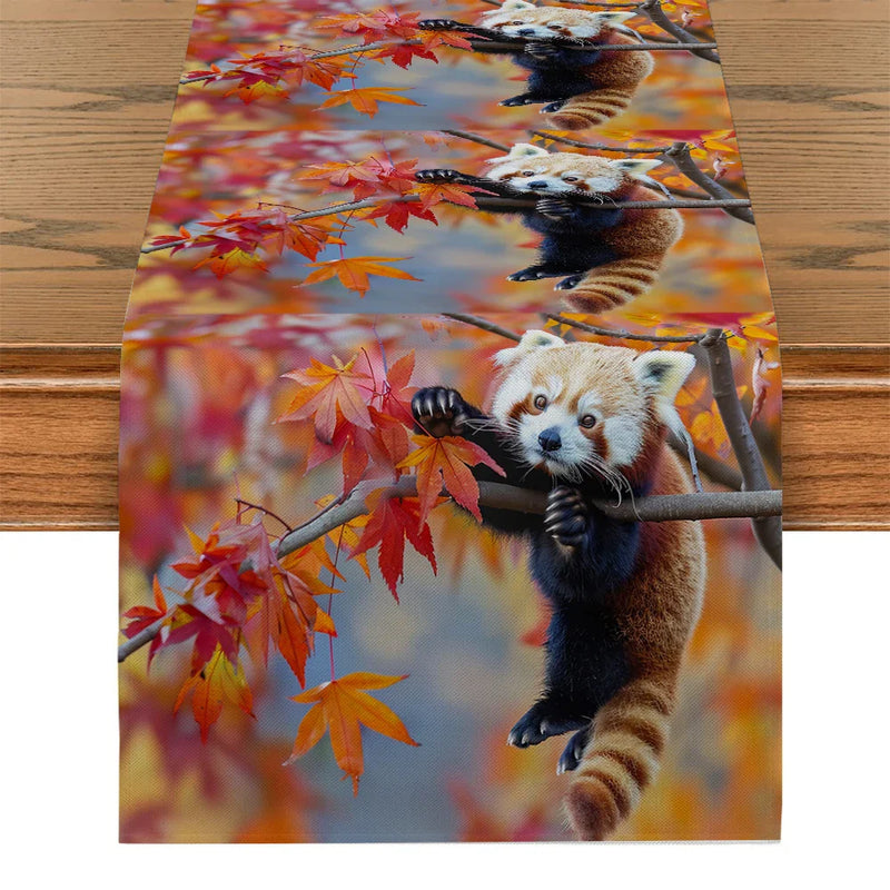 Autumn Red Panda Maple Leaf Table Runner by Axyaa: Festive Dining Decor