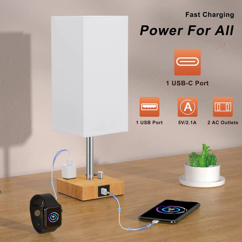 Axyaa USB-C+A Charging Ports Dimmable Bedside Lamp White Lampshade