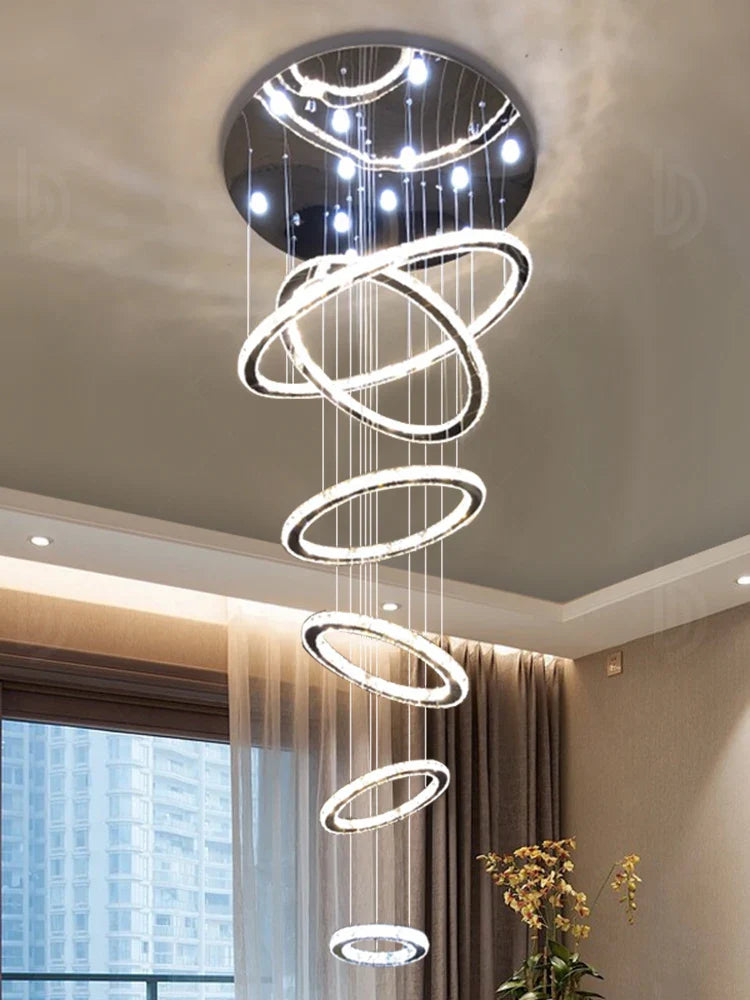 Luxury Crystal Staircase Chandelier by Axyaa: Rings Design for Villa Lobby Indoor Lighting