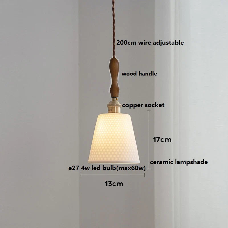 Axyaa White Ceramic LED Pendant Light with Wood Handle - Bedroom Living Room Lamp