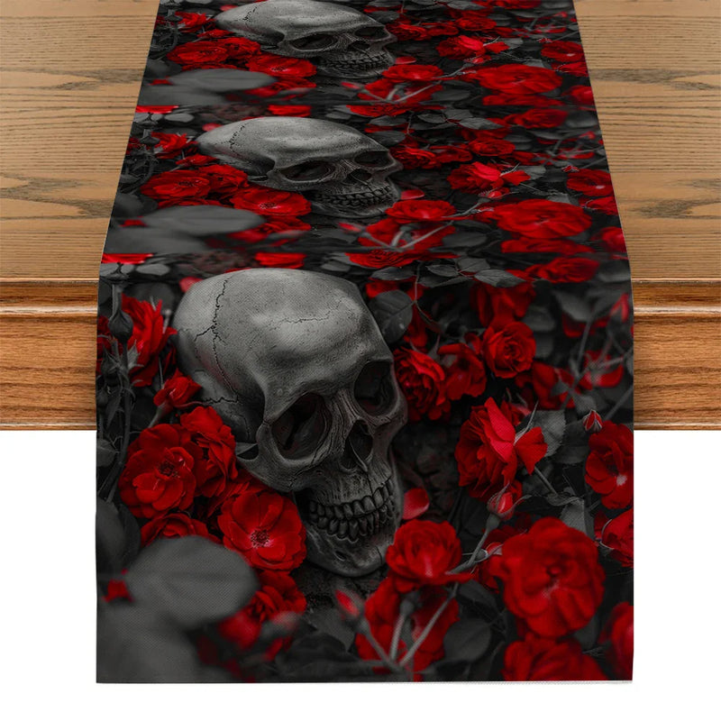 Axyaa Halloween Skull Flower Table Runner