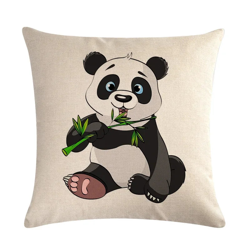 Axyaa Cartoon Panda Print Linen Pillowcase 45x45cm Square Home Sofa Decoration Cover