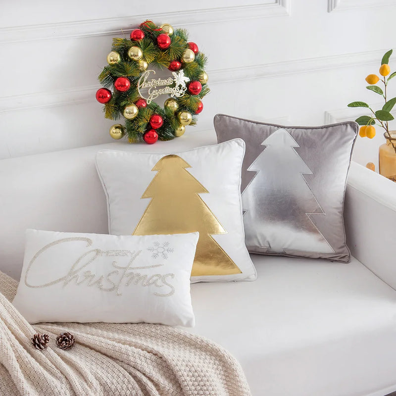 Grey Deer Christmas Tree Embroidered Cushion Cover by Axyaa – Cozy Living Room Decor