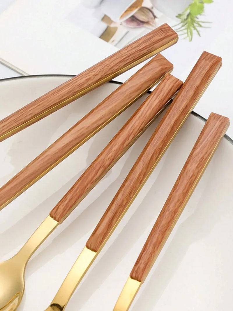 Axyaa Stainless Steel Cutlery Set with Imitation Wood Handles for Home, Hotel, Party