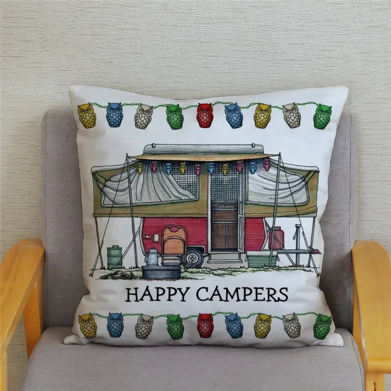 Happy Campers Owl Motorhome Print Pillow Case by Axyaa