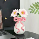 Axyaa Ribbon Bow Ceramic Vase: Charming Floral Arrangement Accessory for Home Decoration