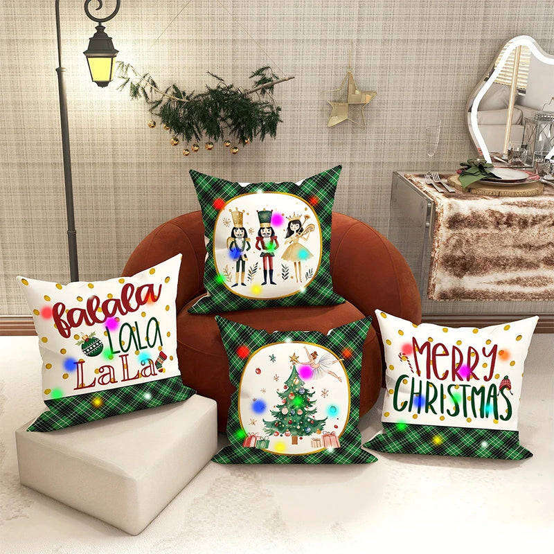 Axyaa Nutcracker Green Plaid LED Pillowcase for Christmas Party and Home Decor