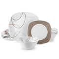 Axyaa White Porcelain Dinnerware Set with Brown Lines, Service for 4/8