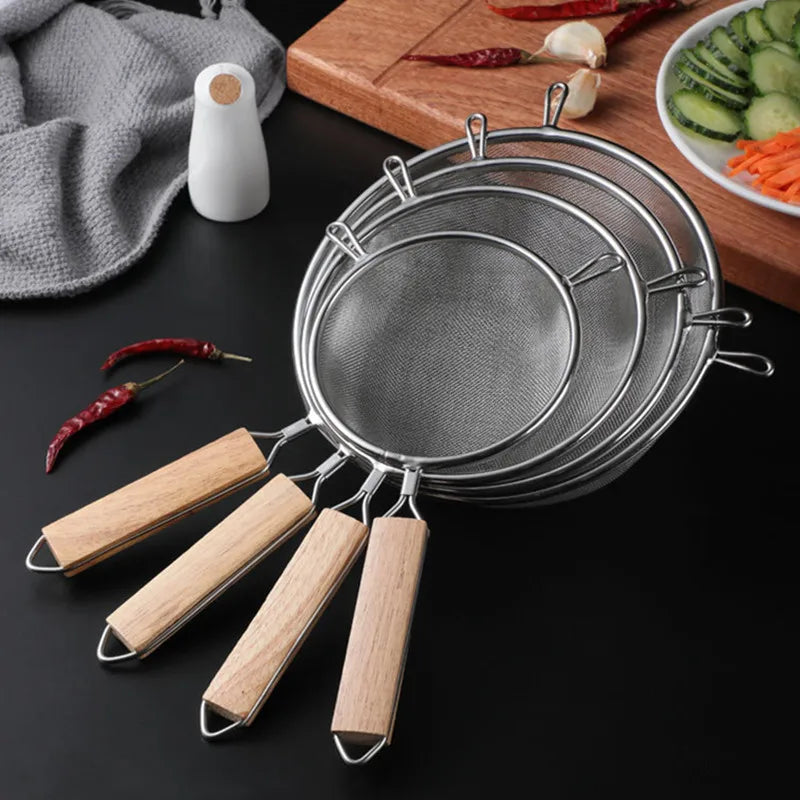Axyaa Stainless Steel Wooden Handle Strainer Spoon for Multi-functional Kitchen Tools