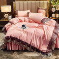 Luxury European Embroidery Four Piece Set by Axyaa - Polished Solid Color & Lace Bed Skirt
