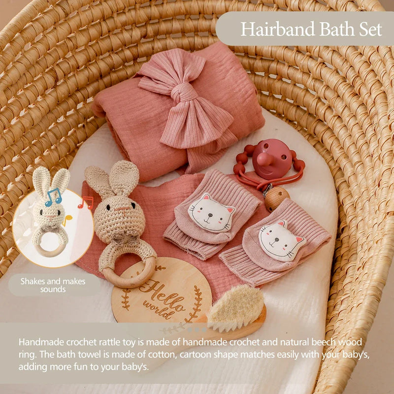 Axya Newborn Essentials Gift Set: Towel, Blanket, Pacifier Chain, Bracelet, Rattle & Gift Box