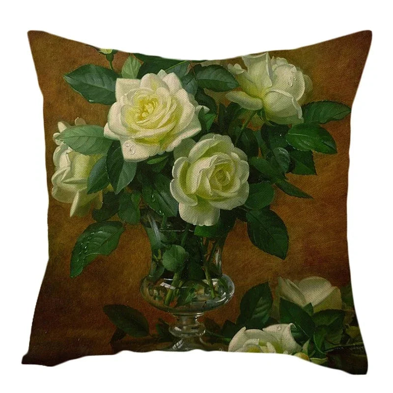 Axyaa Rose Vase Floral Cushion Cover - Orange Pomegranate Sofa Pillow Case
