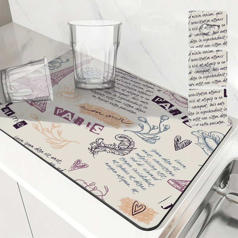 Axyaa Artistic Drying Mat for Kitchen Counter, Non-Slip Absorbent Placemat