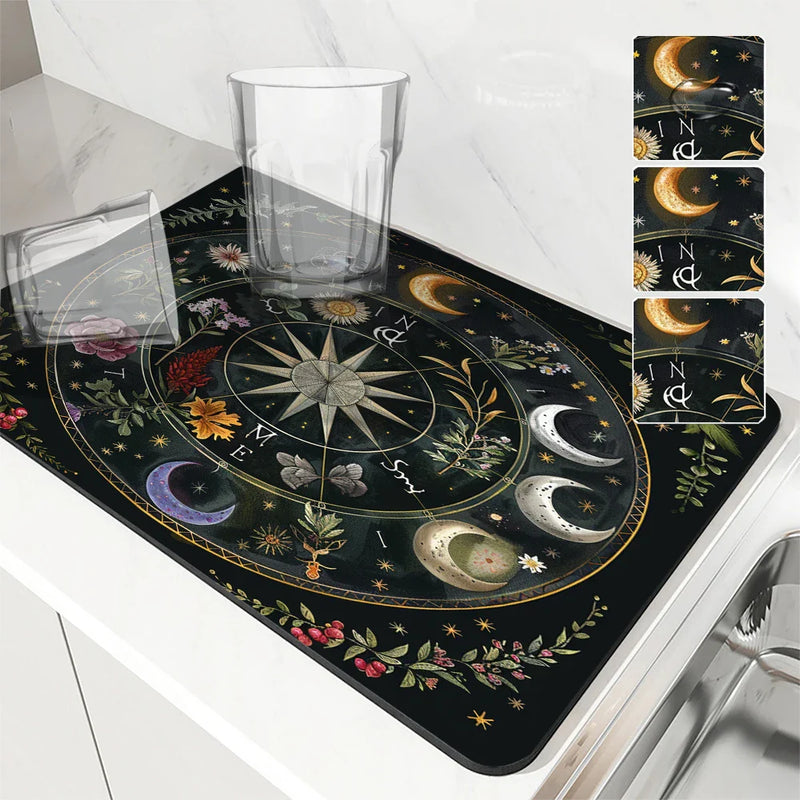 Axyaa Astrology Plants Sun Moon Drying Mat, Non-Slip Absorbent Table Placemat