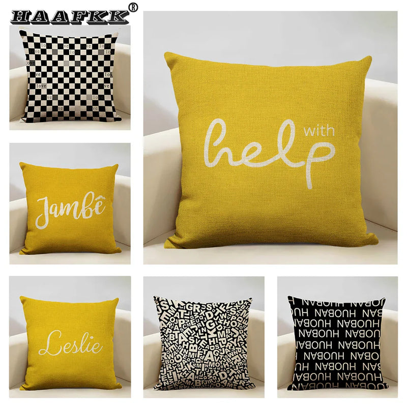 Axyaa Black White Yellow English Letter Design Linen Pillowcase 45x45cm