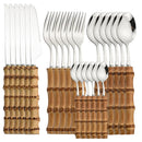 Axyaa 24Pcs Stainless Steel Bamboo Handle Cutlery Set Dinnerware Flatware
