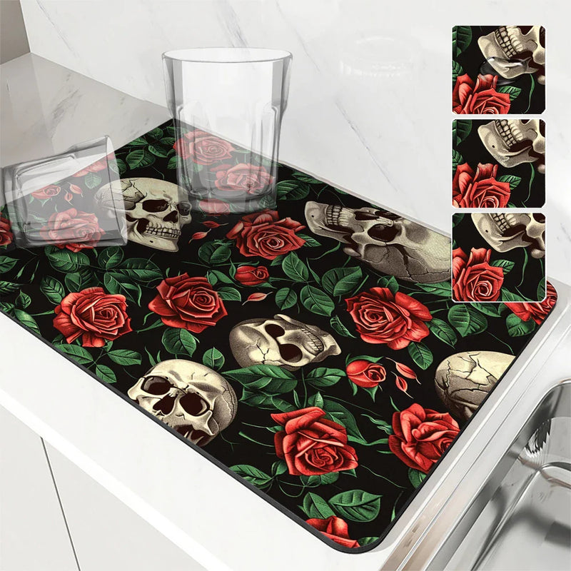 Axyaa Plant Skull Rose Absorbent Kitchen Mat