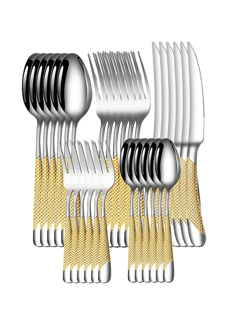 Axyaa Stainless Steel Star Drill Cutlery Set - 30pc Knife, Fork & Spoon Dining Set