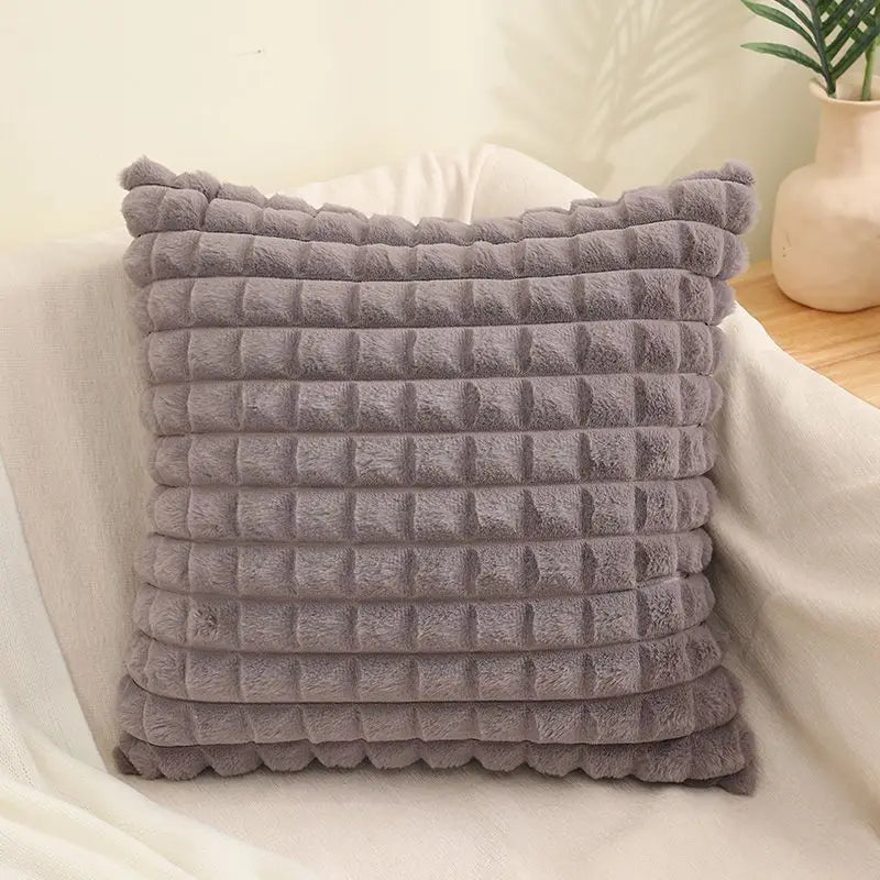 Axyaa Faux Rabbit Fur Plaid Throw Pillow Covers Soft Fluffy Home Decor Case