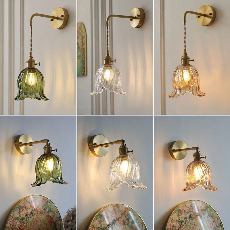 Axyaa Vintage Brass Wall Sconce with Adjustable Glass Lampshade